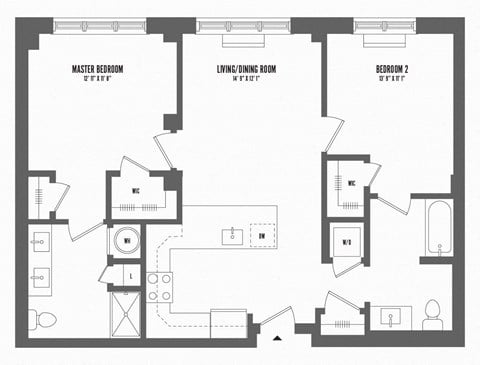 Floor plan for 2 beds, 2 baths, 1016 sqft